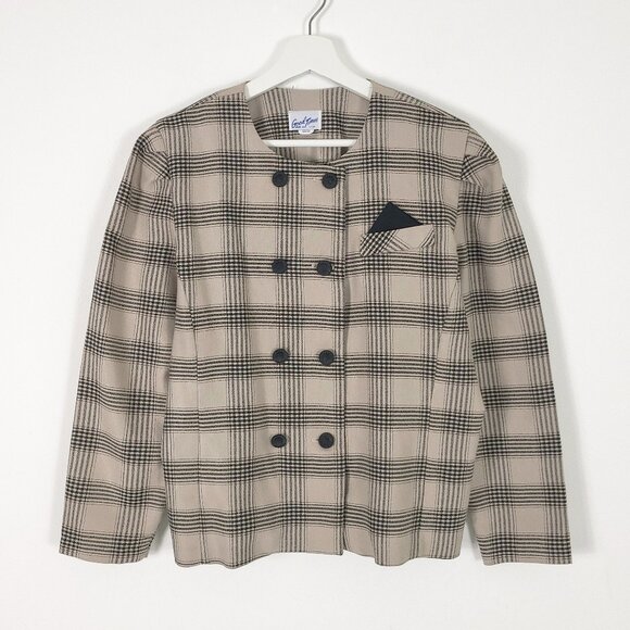 Vintage Tan Plaid Double Breasted Vintage Top Made in USA - Picture 1 of 7